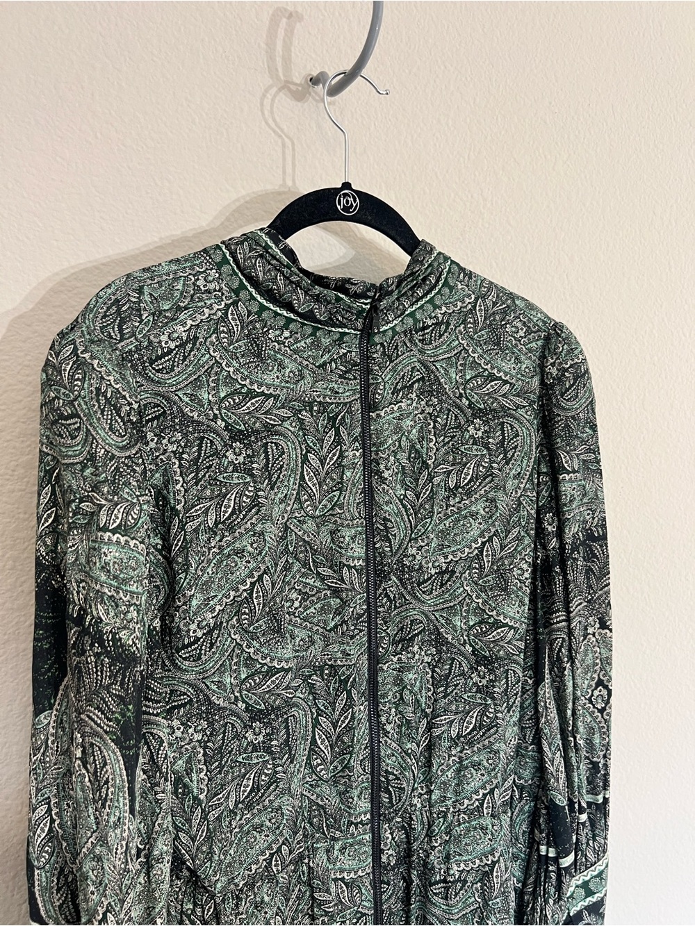 Alice & Olivia Tanisha long sleeve tie neck mini dress green paisley sz 14 - Picture 12 of 16
